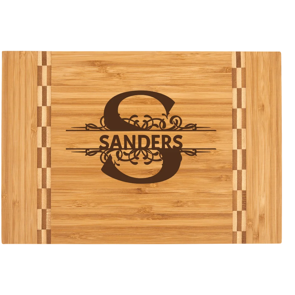 Bamboo Cutting Board With Butcher Block Inlay - Monogram With Last Name