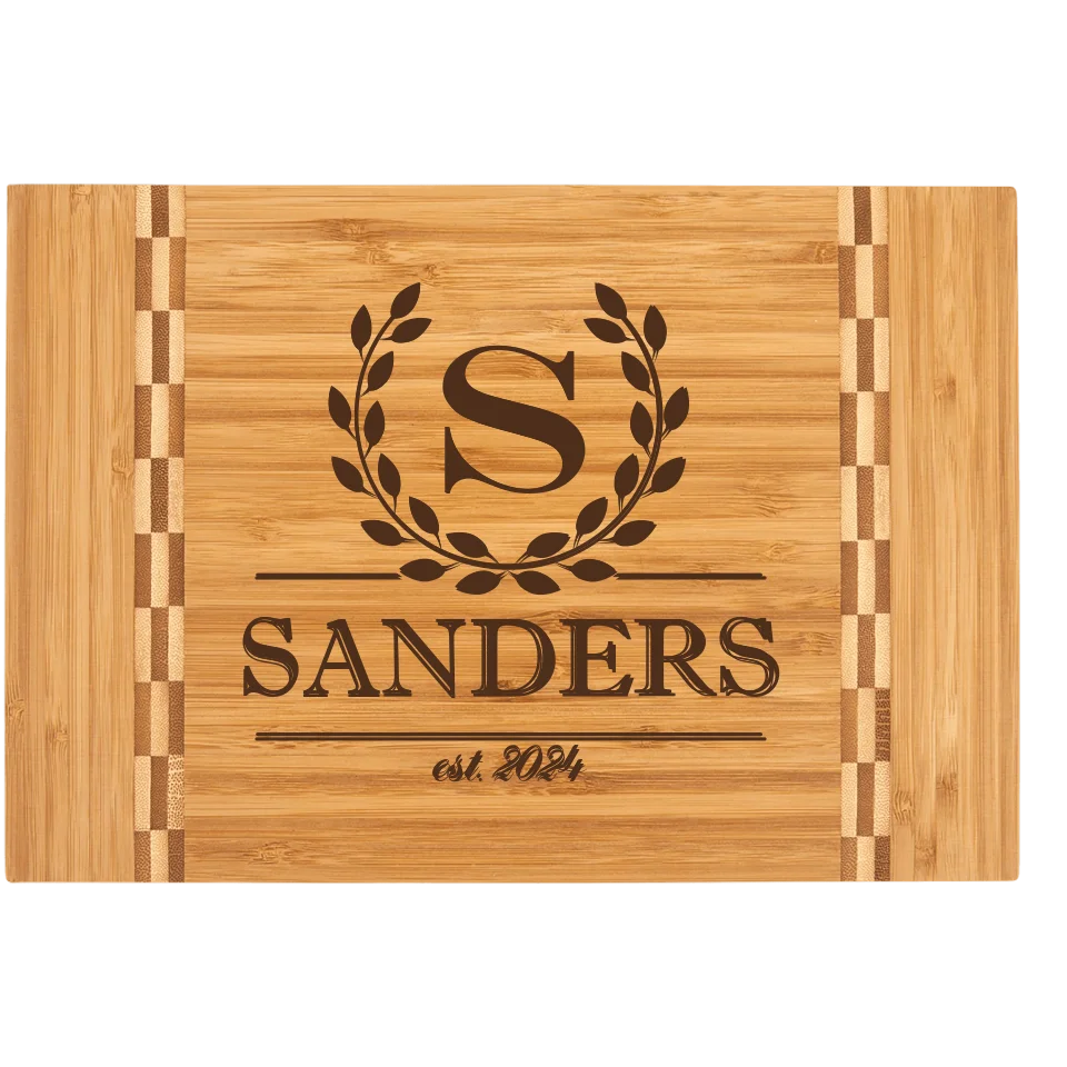 Bamboo Cutting Board With Butcher Block Inlay - Laurel Wreath