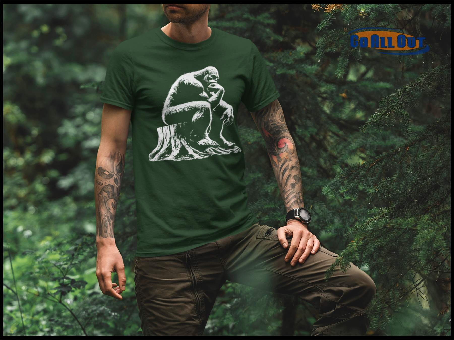 The Thinker Bigfoot Sasquatch On A Tree Stump Funny Unisex T-Shirt